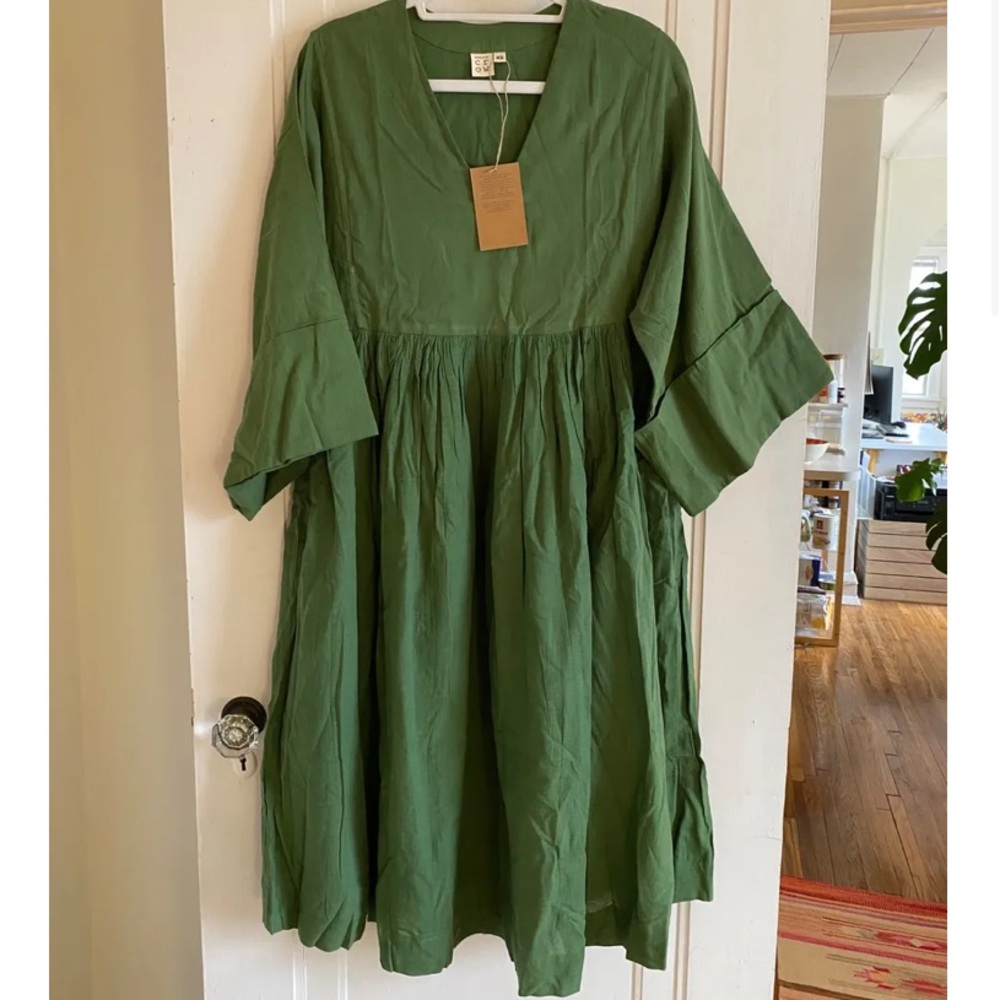 World of Crow Basil Green Gathered Midi Dress